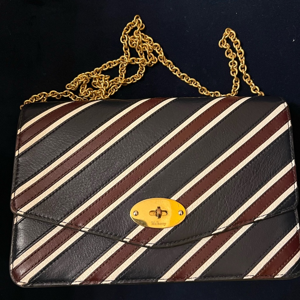 Mulberry Black and Brown Striped Crossbody Bag with Gold Chain